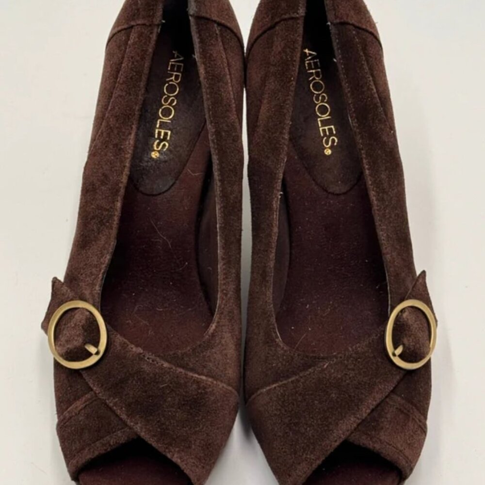 Aerosoles Womens 8.5 Geneva Rich Brown Soft Suede Peep Toe 3.5 Heels